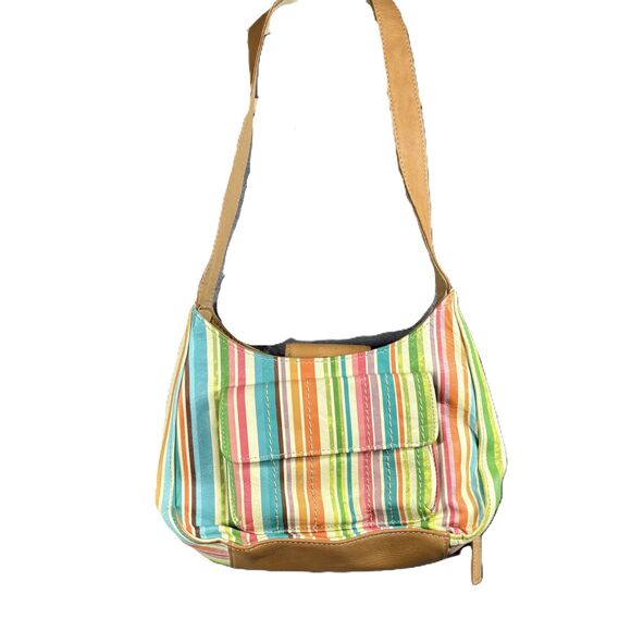 Fossil Genuine Leather Striped Purse Handbag Shoulder Bag Organizer Zip Baguette - Picture 1 of 10